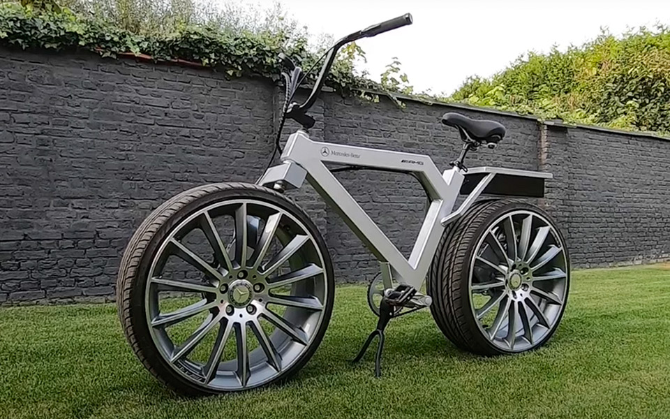 Hjemmelavet elcykel med kæmpe AMG-fælge