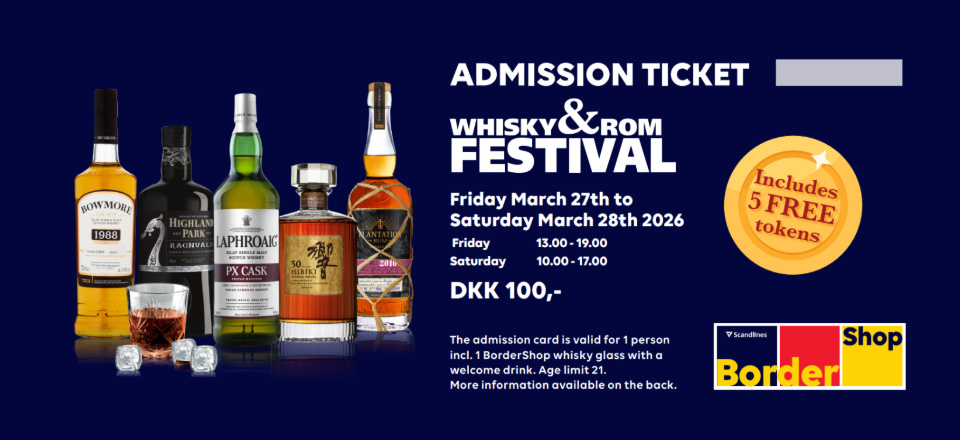 Officiel adgangsbillet til Whisky & Rom Festival 2026 hos BorderShop med information om datoer og inkluderede poletter.
